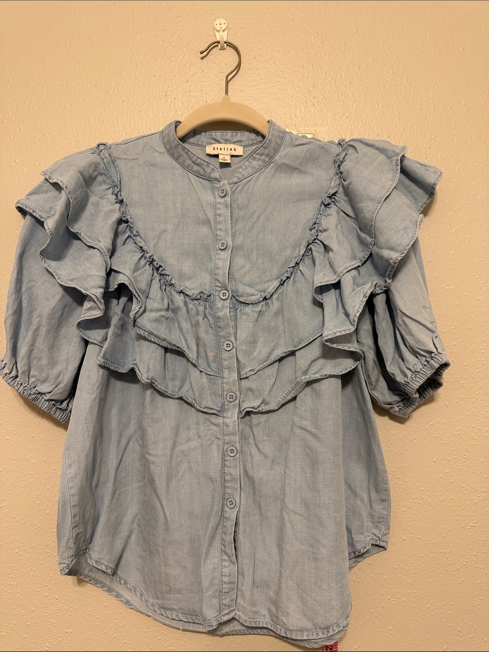 Stellah Light Wash Chambray Multi-Tier Front Ruffles Button-Up Blouse